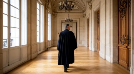 Avocat en robe noire marchant dans un couloir de palais de justice parisien