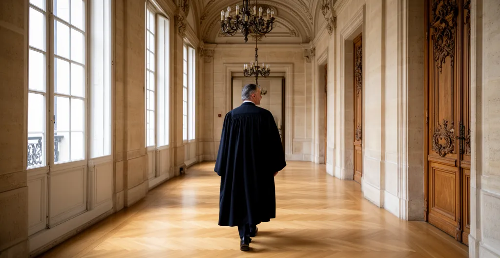 Avocat en robe noire marchant dans un couloir de palais de justice parisien