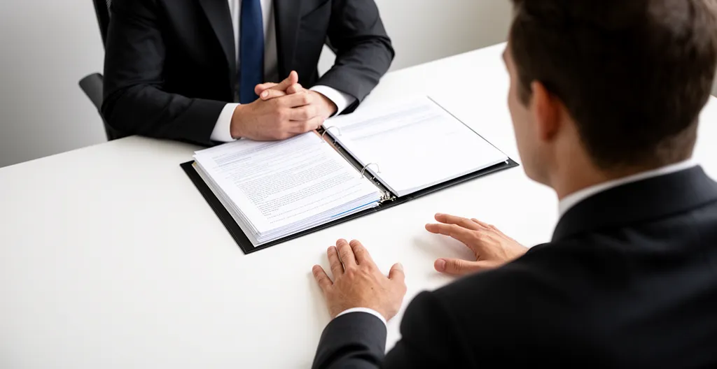 Entretien confidentiel entre un avocat et son client dans un bureau sobre