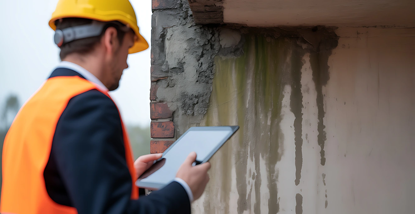 Commissaire de justice accroupi documentant des traces d'humidité et de moisissures sur le mur d'un appartement avec appareil photo et humidimètre