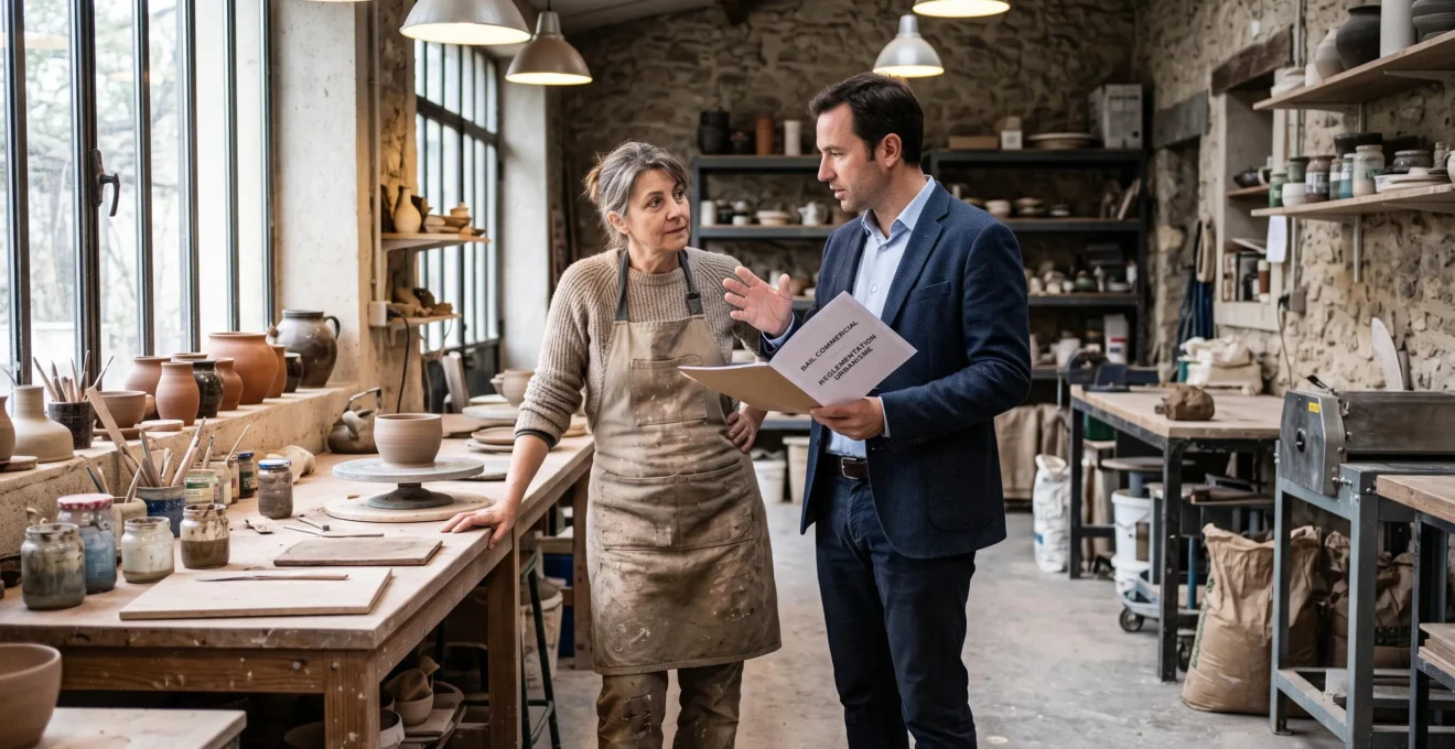 Avocat en visite conseil chez un artisan local dans son atelier de travail pour accompagnement juridique de proximité