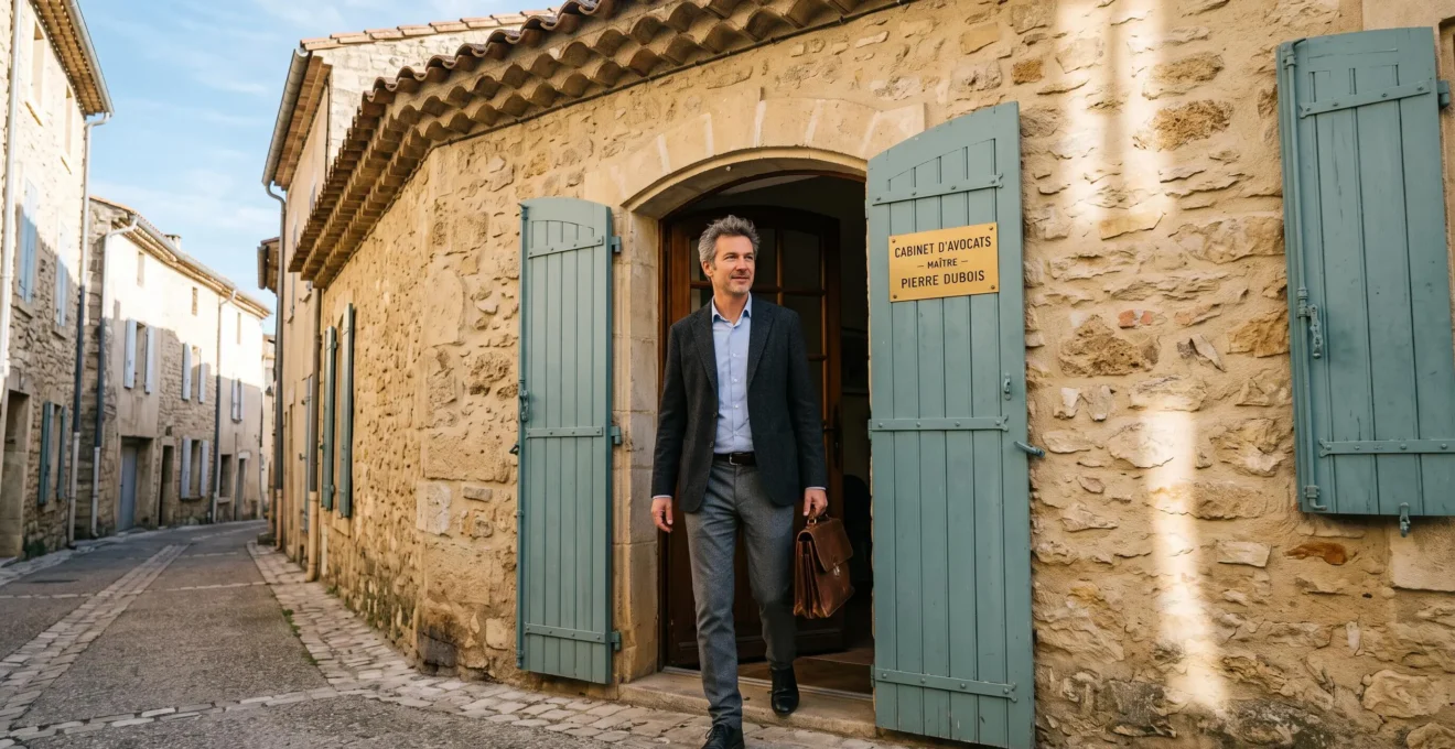 Avocat sortant d'un cabinet installé dans un bâtiment en pierre provençale typique de la région de Gordes