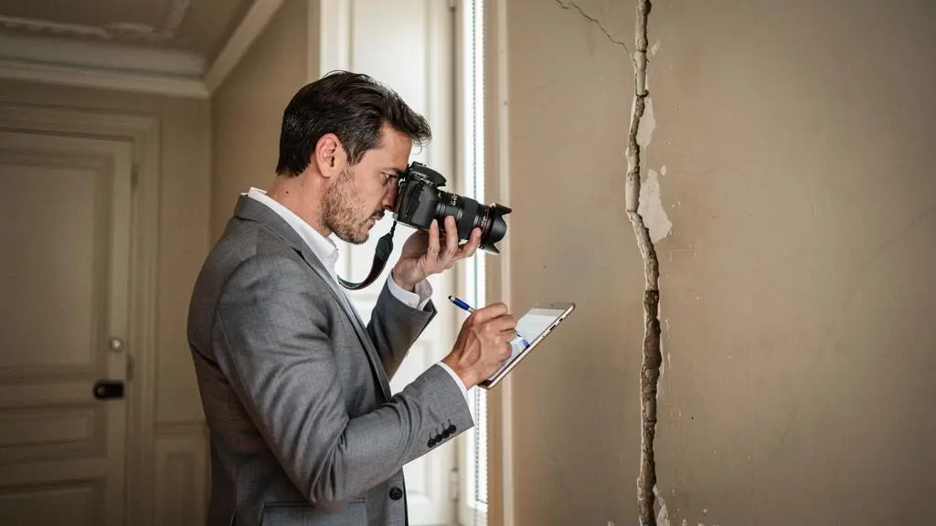 Commissaire de justice photographiant et documentant une fissure structurelle sur le mur intérieur d'un appartement français