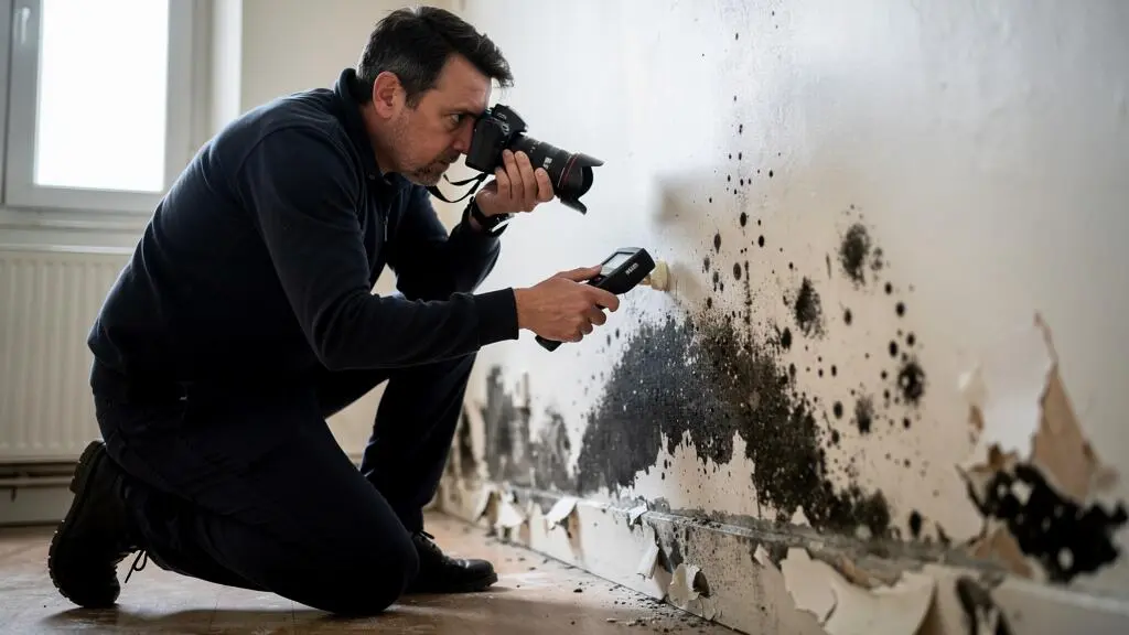 Commissaire de justice accroupi documentant des traces d'humidité et de moisissures sur le mur d'un appartement avec appareil photo et humidimètre
