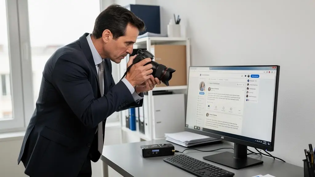Commissaire de justice debout photographiant un écran d'ordinateur affichant une page web pour établir un constat de preuve numérique