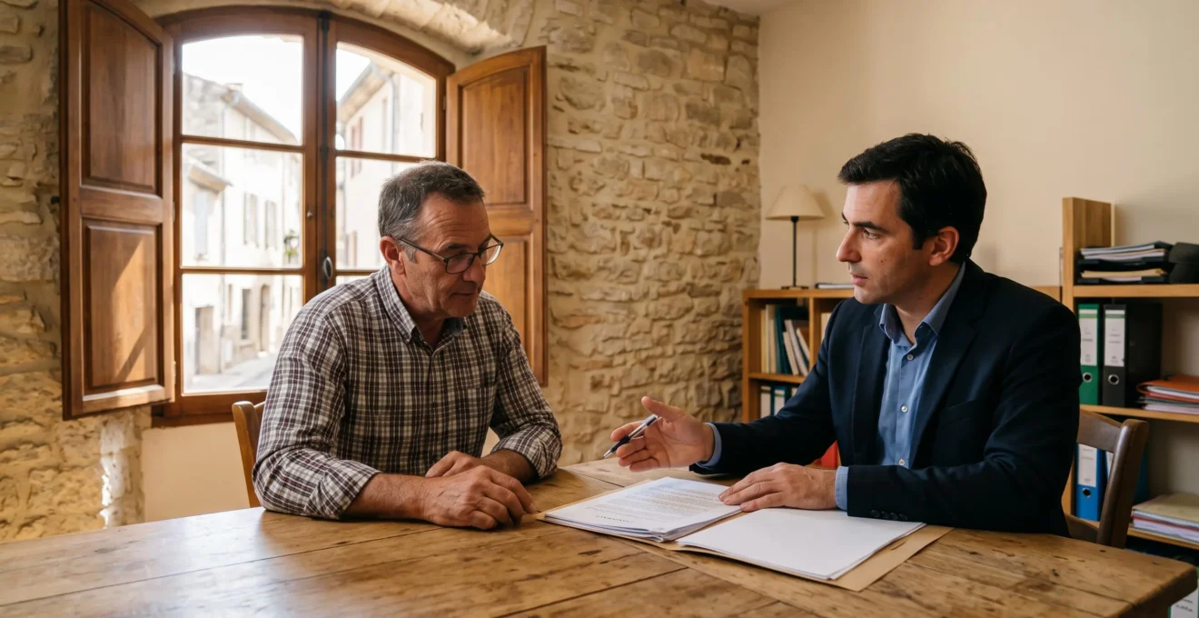 Avocat en consultation avec un chef d'entreprise local dans un cabinet provençal, échangeant autour de documents contractuels