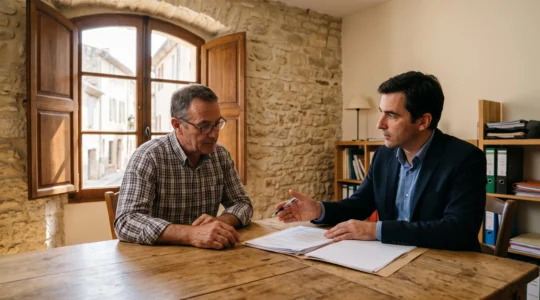 Avocat en consultation avec un chef d'entreprise local dans un cabinet provençal, échangeant autour de documents contractuels