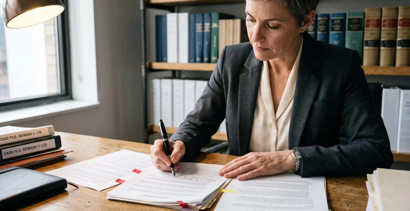 Avocat préparant un dossier de contentieux en annotant des documents contractuels dans son bureau